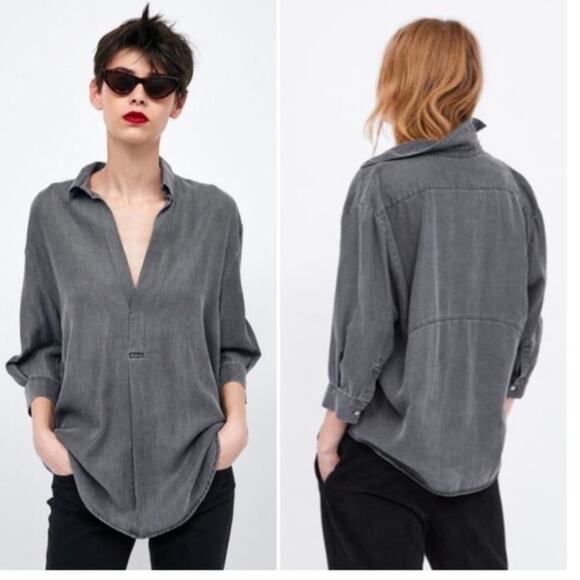 Zara Tops - Zara Washed Charcoal Gray V-Neck Button-Tab Blouse